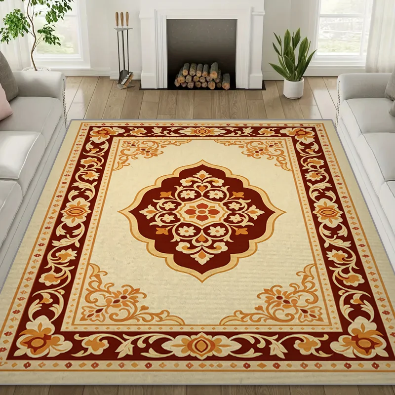 Retro Red Gold Octagonal Star Living Room Sofa Large Carpet, Easy To Clean Light Luxury Flower Frame Large Area Carpet