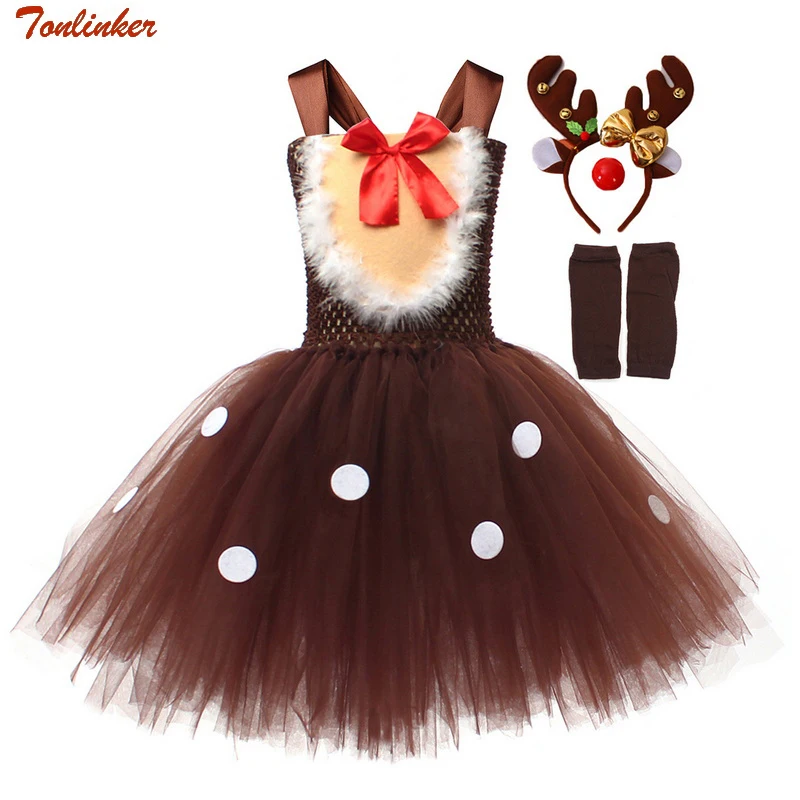 Kinder Halloween Weihnachts feier Kleider Santa Rentier Kostüm Neujahr Tüll Prinzessin Tutu Kleid mit Stirnband Set