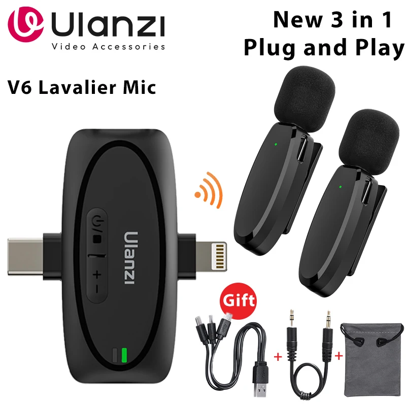 Ulanzi V6 Lavalier Microphone Wireless 3 in 1 for iPhone 15 14 13 Android Type C Lightning Camera Portable Audio Record Mini Mic