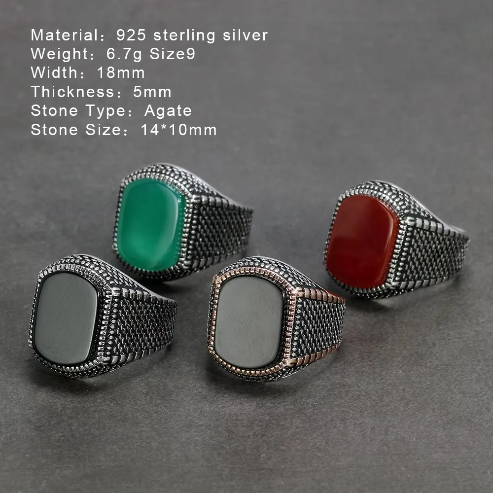 Turkey Jewelry Black Ring Men Light-weight 6g Real 925 Sterling Silver Mens Rings Natural Agate Stone Vintage Cool Fashion