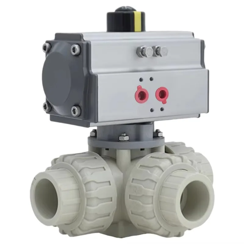 3 Way Pneumatic PPH True Union Socket Ball Valve  Double Acting Actuator  DN32 T Port Pneumatic PPH Ball Valve