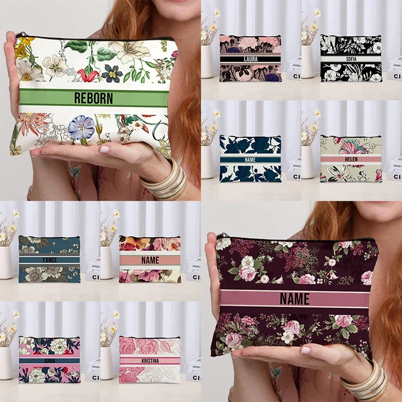 2024 Trendy Floral Name Cosmetic Bag Women Cute Travel Toilet Handbag Luxury Canvas Makeup Side Bag for Ladies Party Gift Purse