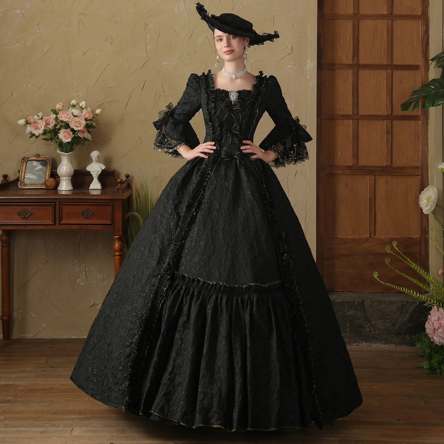 

Black French Court Dress Performance Dress Travel Photo Russian Princess Dress European Costume Photography Stage Vestido Festas