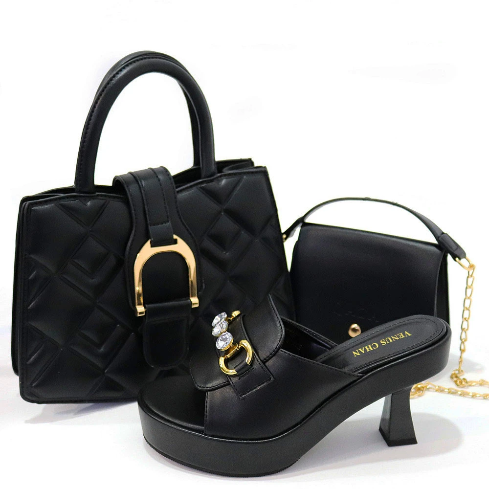 

Black Color Nigerian Women's Platform Slippers And Single Room Bag Three-piece Combination Shoes And Bag Set