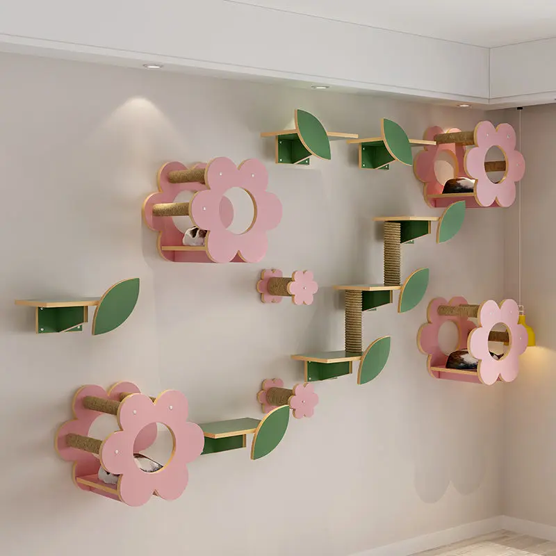 Creative Solid Wood Climbing Frame, Cat Nest, Jumping Platform Set, Pink Flowers, Green Leaves, Value Wall Style, Pet Furniture