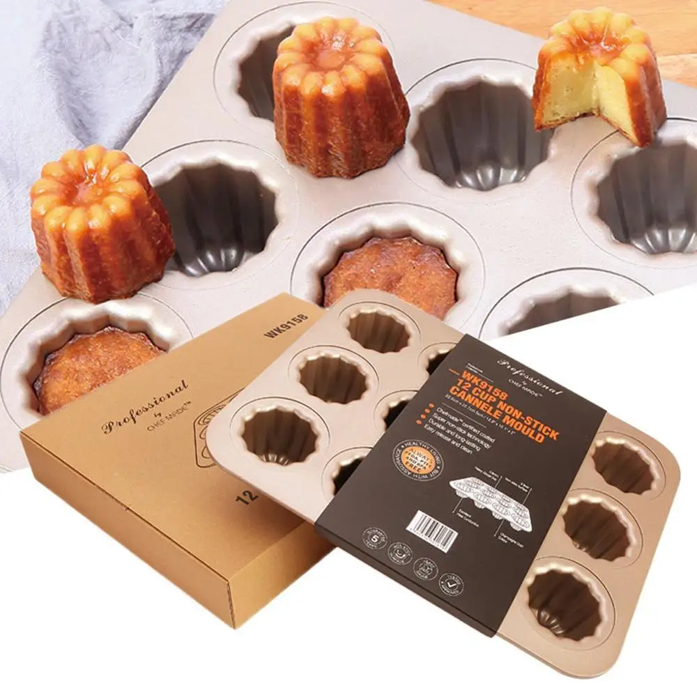 CHEFMADE Cannele 12 in 1 Cups Carbon Steel Cake Baking Mold Non-stick Canele Mold Cake Pan French Cake Mold Muffin Cupcake Molds