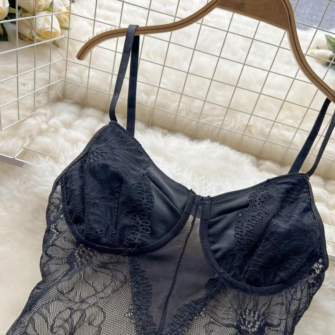 Foamlina 2024 summer Floral Lace Mesh Bodysuits Women Sexy Black V Neck Sleeveless See Through Slim Bodycon Rompers Body Suits