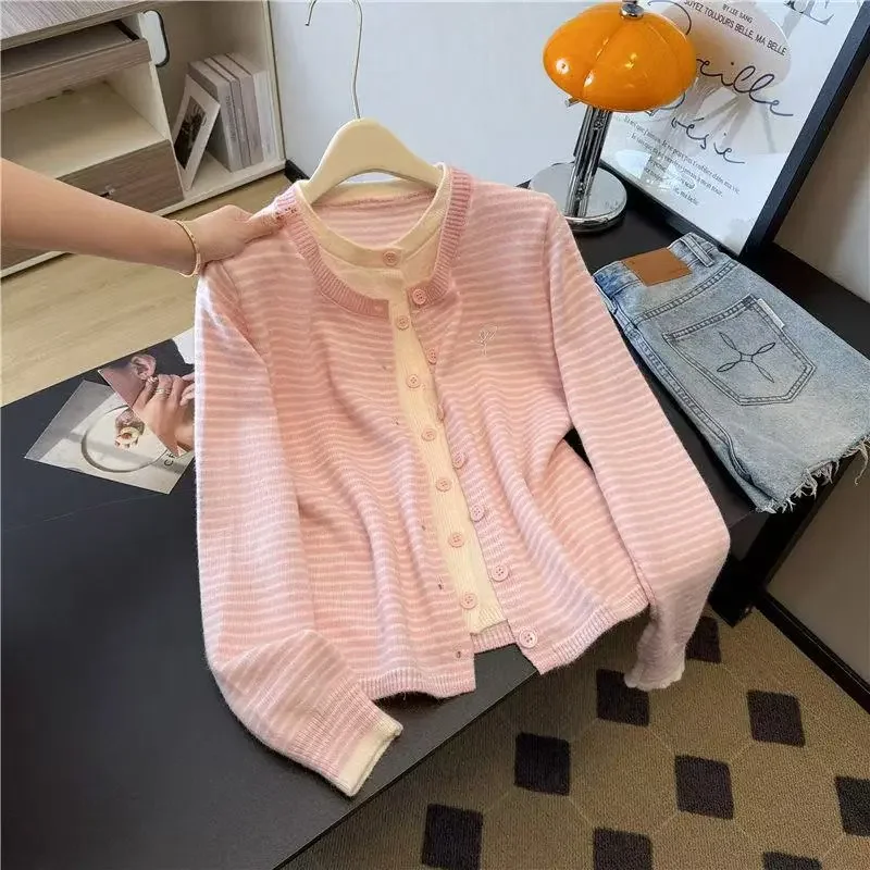 

Korean Pink Striped Fake Two-piece Knitted Cardigan for Women New Autumn and Winter Sweater Jacket