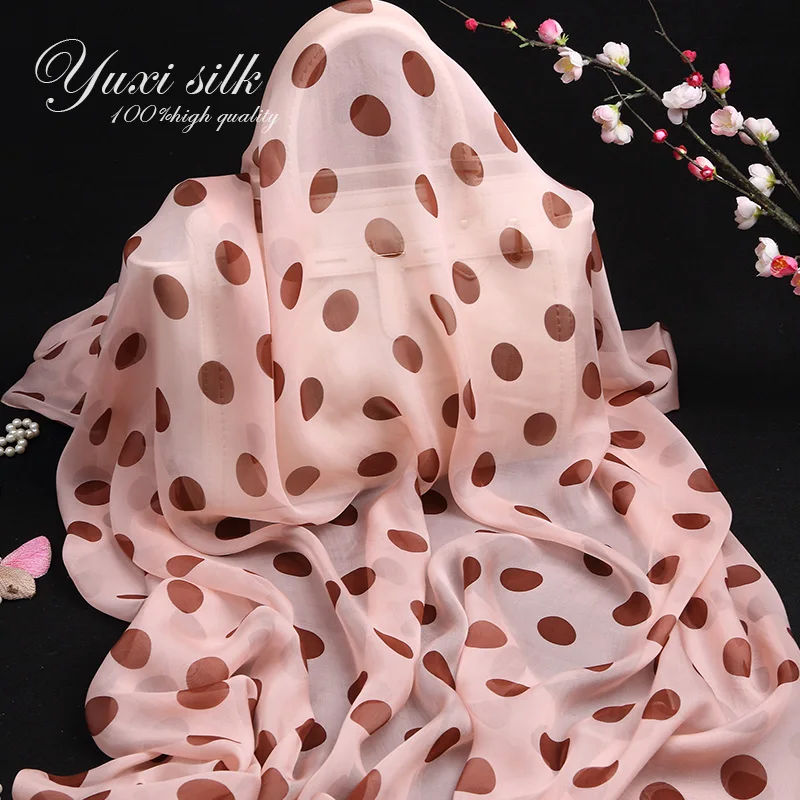 Hoge kwaliteit koffie roze stippen stippen 100% zijde lange sjaal dames lente, herfst en winter zomer