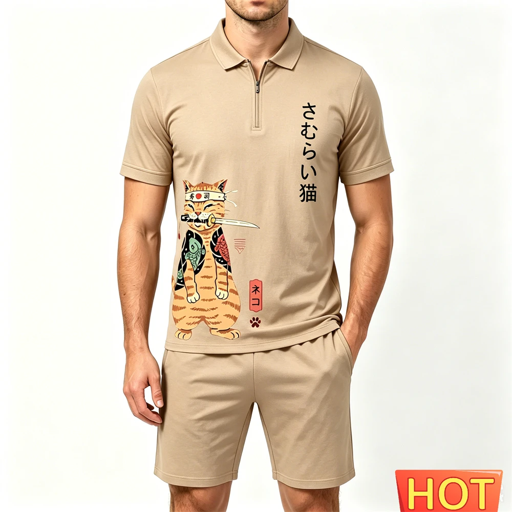 Summer Men's Sets Fashion Zip Short Sleeve Polo Shirt and Shorts 2 Piece Japan Samurai Cat Pattern Man Outfit Casual Loose Suit view 6