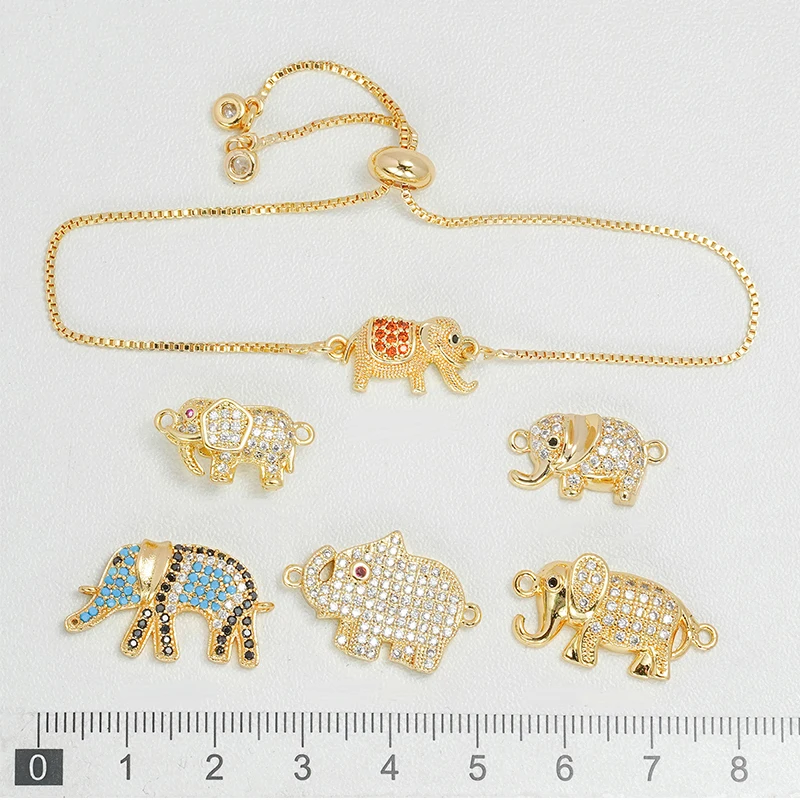 4 Pcs Pave Inlay Color Zircon Elephant Connector Diy Jewelry Accessorie Brass Plated Charm Bracelet Necklace Pendant Making Part