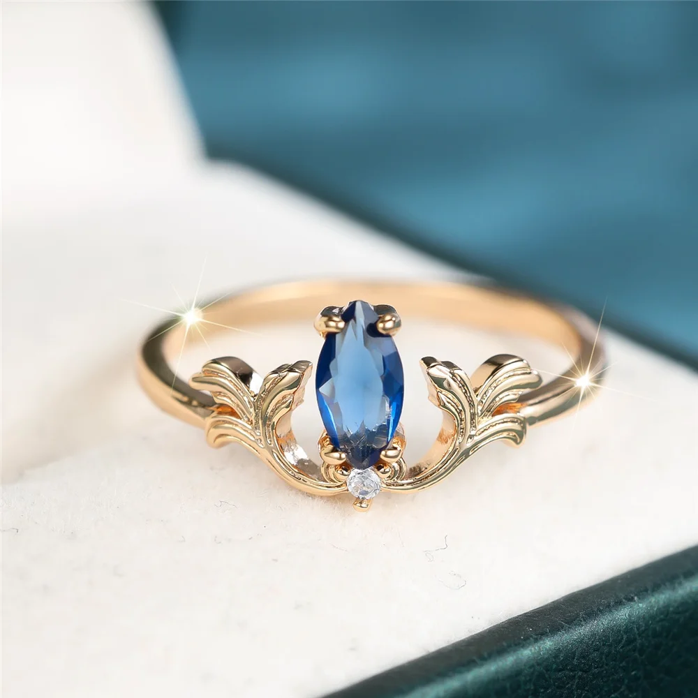 Cute Female Blue Zircon Stone Ring Gold Color Wedding Jewelry Promise Engagement Rings For Women