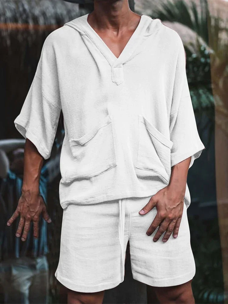 2026 Sommer Herren Einfarbiges Baumwoll-Leinen Zweiteiler-Set V-Ausschnitt Halbarm T-Shirt Lockere Shorts Atmungsaktiv Urlaub Alltag Lässig Passend – Detail 14