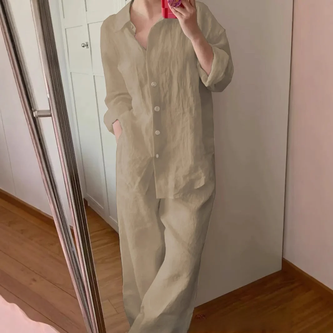 

Loose Cotton Linen Set Long Sleeve Color Casual Two Piece Set Women New Style across the Border Spring 2025 Ladies Fashion