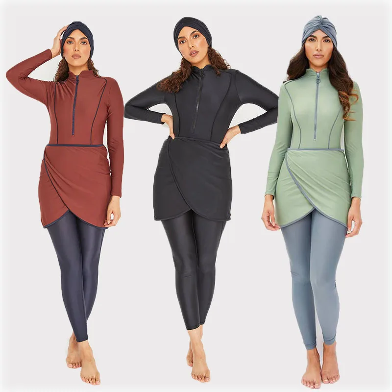 3PCS/Set Plain Muslim Modest Swimwear Women Muslim Swimsuit Burkini Long Sleeve Islamic Big Full Cover Hijab Beach Clothing