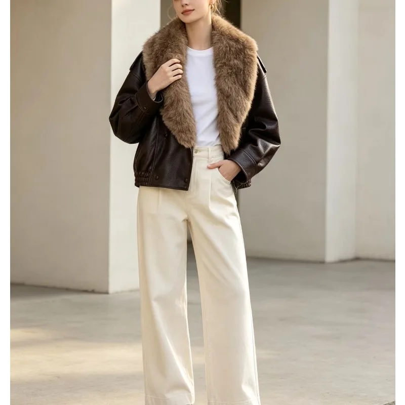 Women S 2026 Winter New Minimalist Style Fashionable Versatile Loose Faux Leather Jacket with Detachable Collar