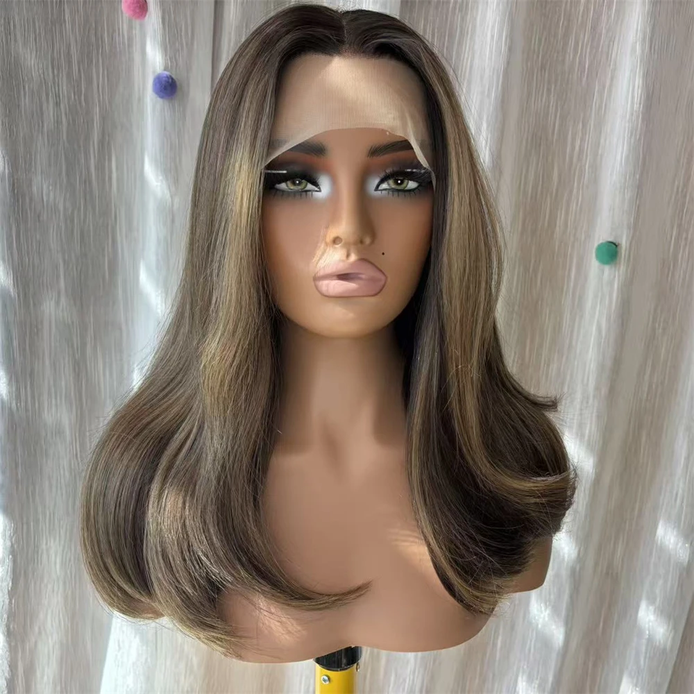 Party Daily Cosplay Ombre Brown Synthetic HD Lace Front Wig Mixed Human Hair Soft Natural Wave Wig Glueless Preplucked Hairline