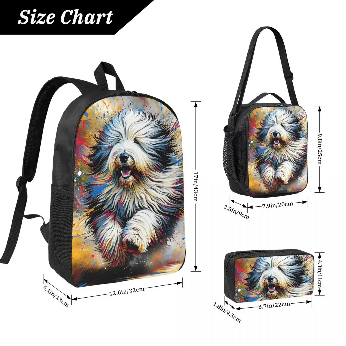 Old English Sheepdog Dog Portrait Acrylic Art Backpack BookBag School Bag Shoulder Bags 3ps Insulated Lunch Bag Pencil Case