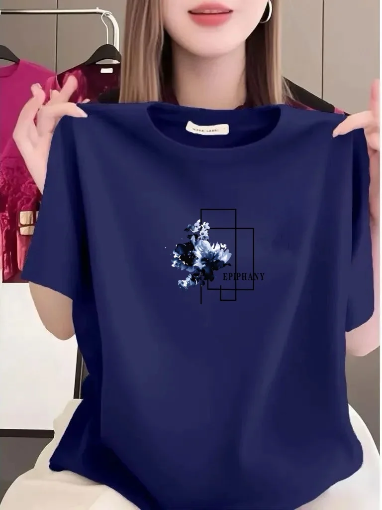 

Loose Fit Floral Print T-Shirt round Neck Short Sleeve Summer Top for Middle-Aged And Elderly Women Breathable Polyester Fiber