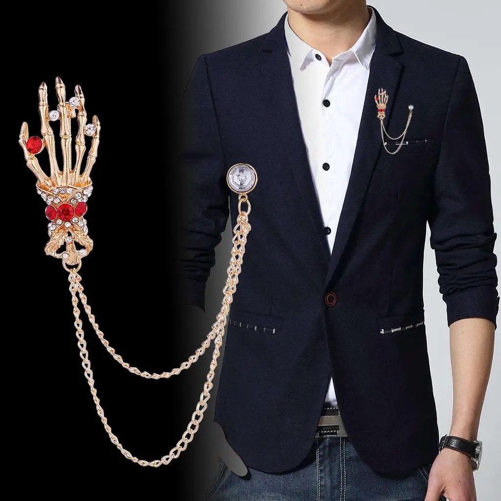 Men's Elegant Skull Hand Skeleton Crystal 2 Row Chain Brooch Pin Suit Pin