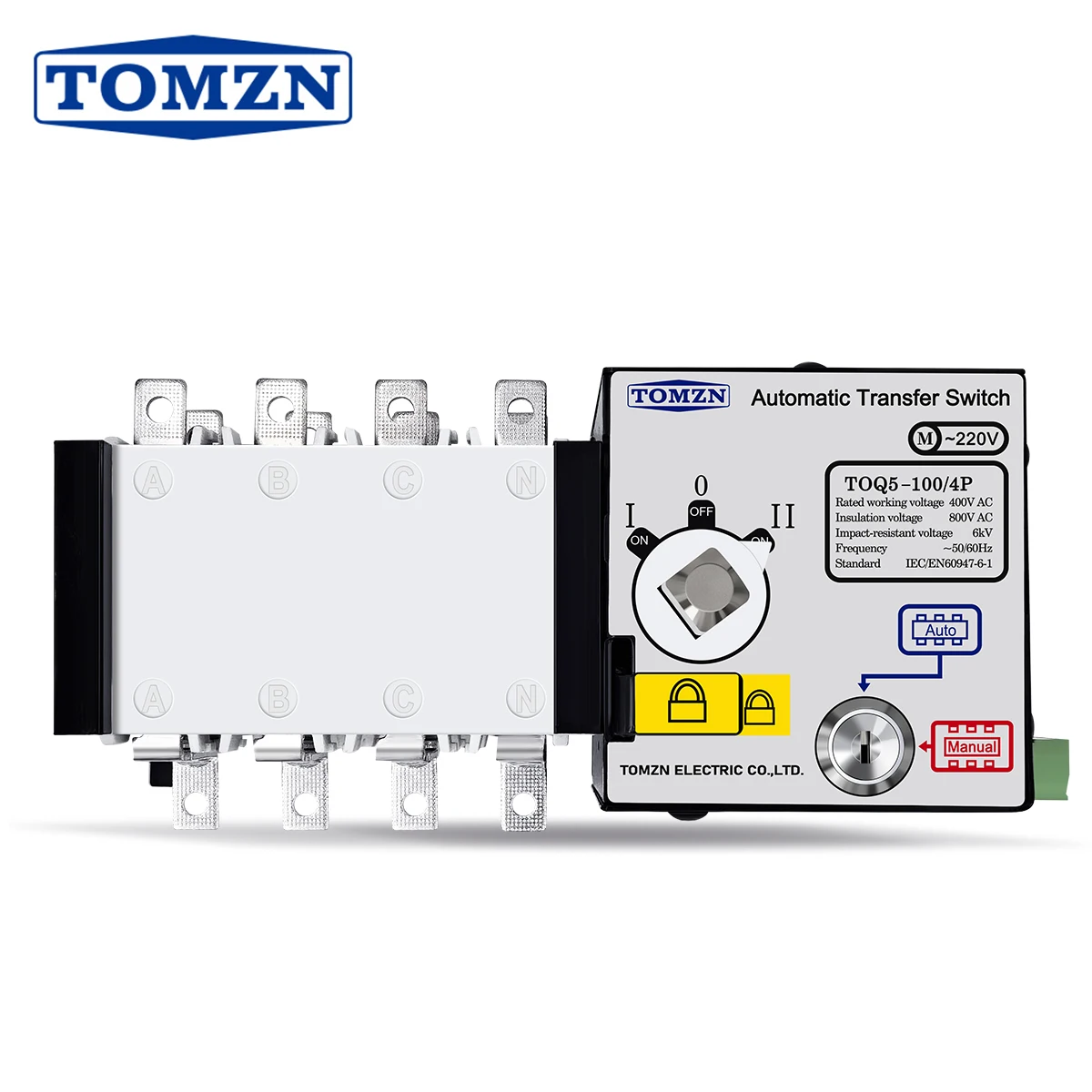 TOMZN 4P 100A ATS PC Class Automatic Transfer Switch Electrical Selector Switches AC 400V Auto or Manual  2 input 1 output