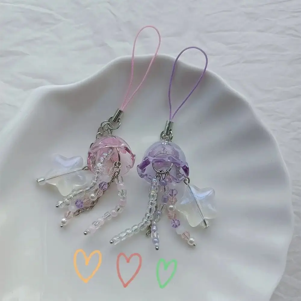 Purple Pink Beaded Phone Charm with Star Jellyfish with Star Cottage Core Y2K Beaded Cottage Core Key Chain