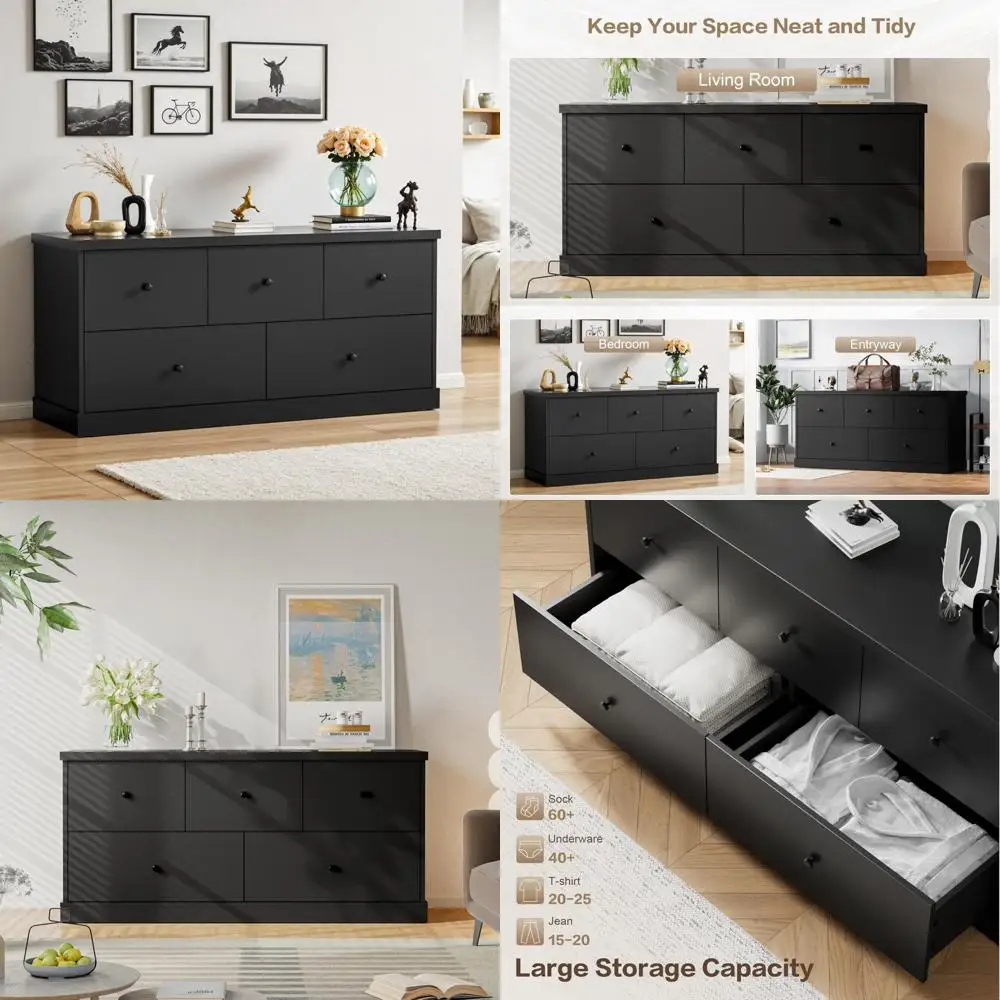 dresser for bedroom, wide chest of drawers with 5 wood dresser drawers, tv stand, modern design for bedroom, living room, hallw