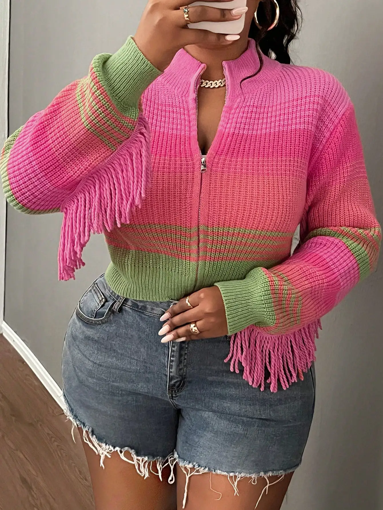 

Plus Size Color Block Fringe Knit Cardigan with Zipper, Streetwear Style for Autumn Winter