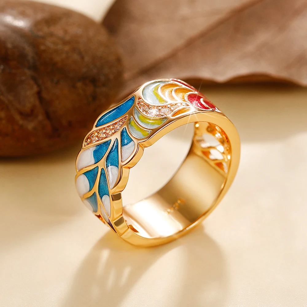 Huitan Handmade Enamel Ring for Women Colorful Feather Pattern Gold Color Cubic Zirconia Ring Romantic Bridal Wedding Jewelry