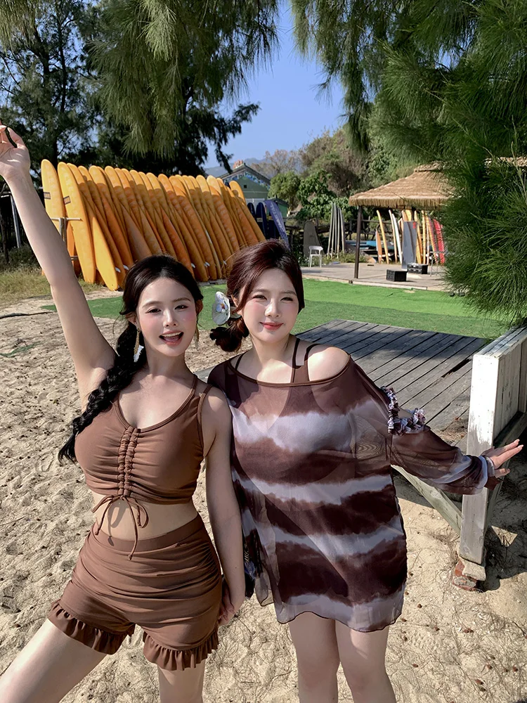 

plus Size Tie Dye Bikini Top And Bot Separate Long Sve Swimming Suit for Plump Girls Thermal Spring Student Conservation