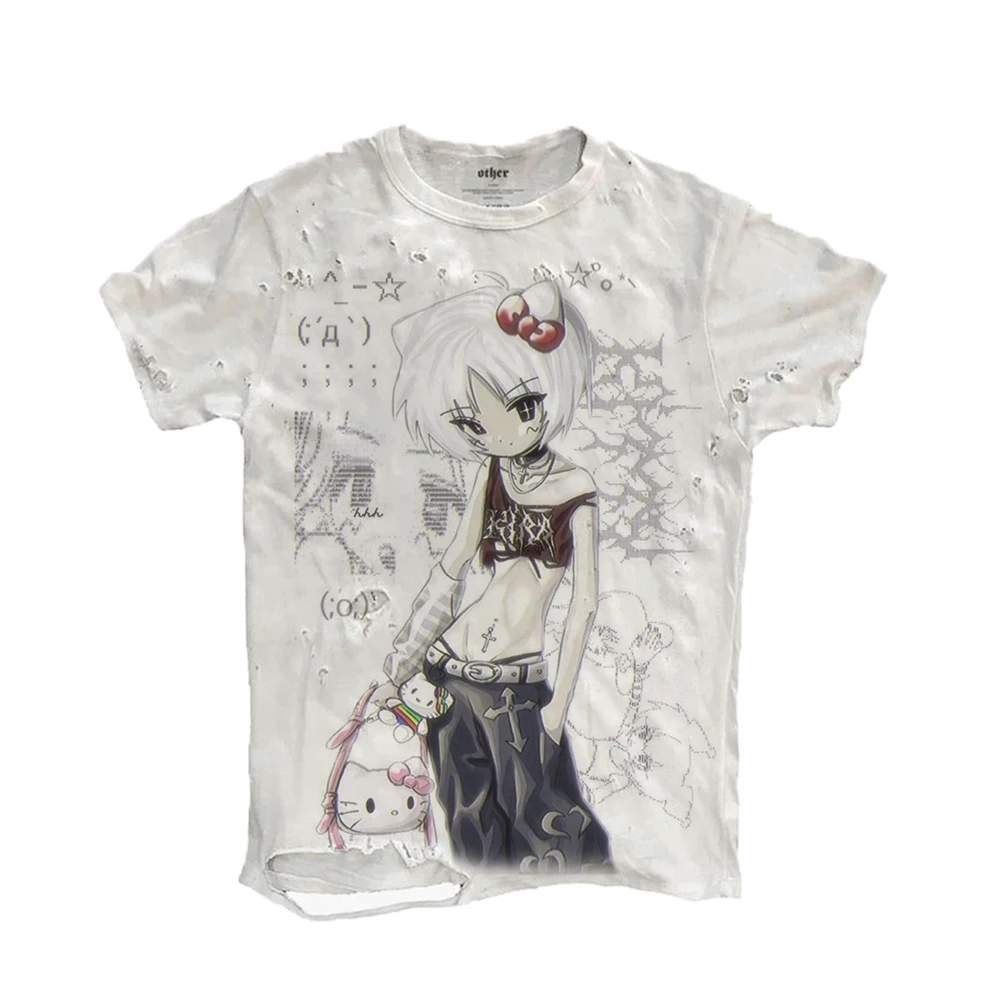 Cyber Apocalypse Vintage Style 180G Short Sleeve T-Shirt with Hole Sweet Cool Gothic Creative Cotton Casual round Neck Angel ...