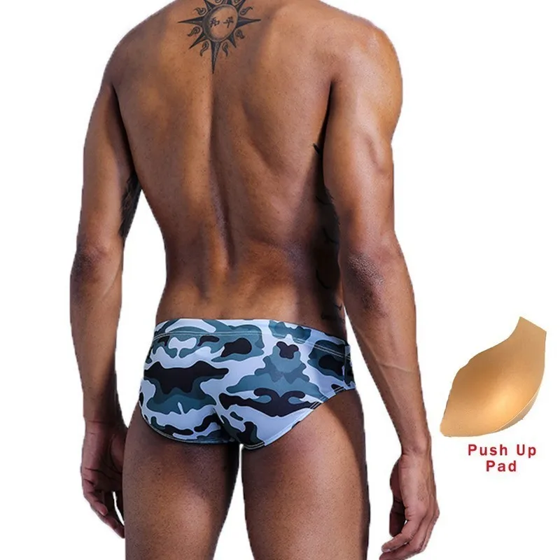 

summer Men Swimming Trunks Smoothness Elastic Force Sexy Tether Cups Swim Briefs Low-waisted Close Camouflage Printing Swimwear