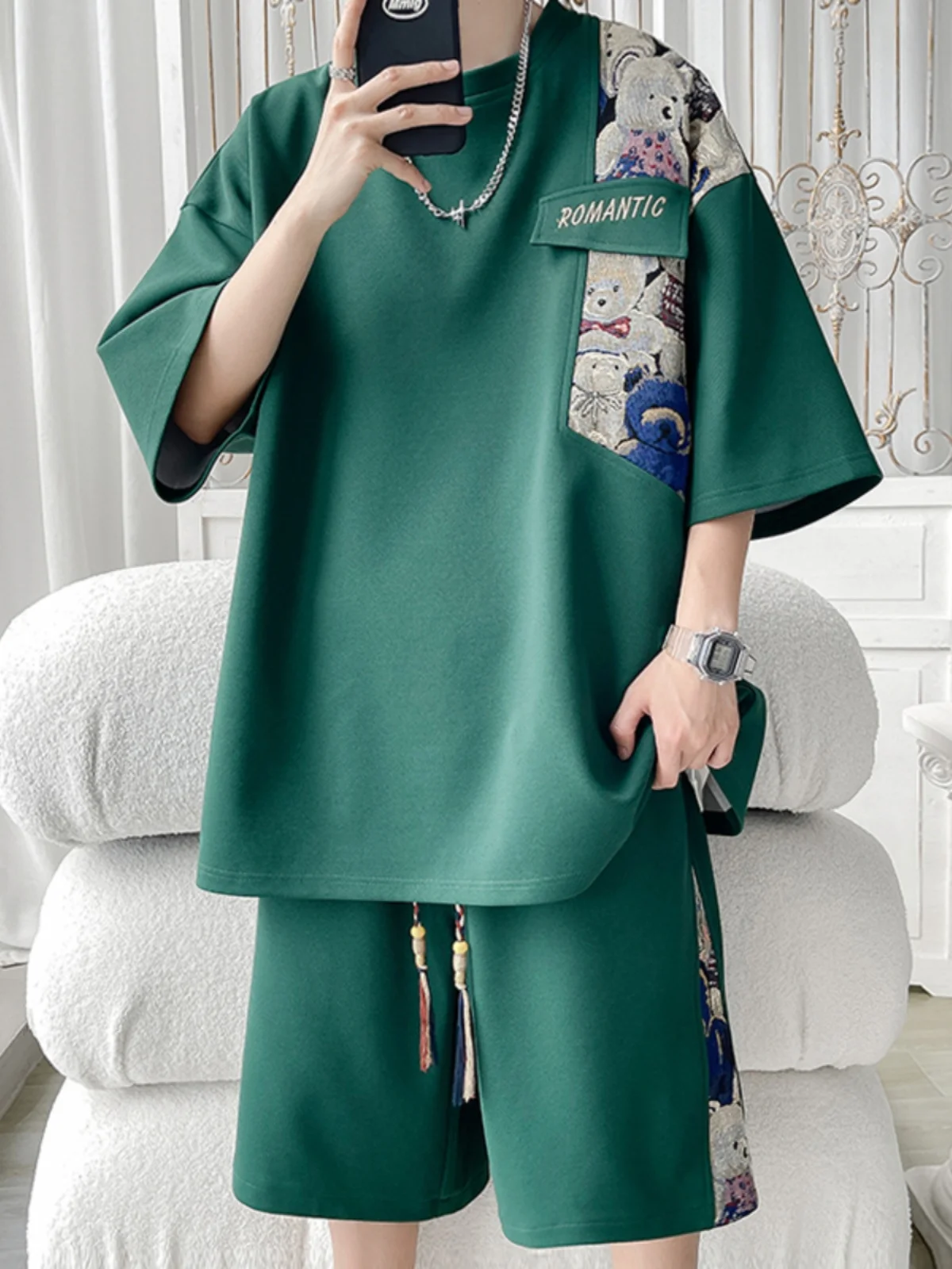 アイスシルクスポーツ半袖tシャツ＆ショートパンツセット-ティーンエイジャーの男の子向け-夏用レジャー-ポリエステル繊維-五分丈