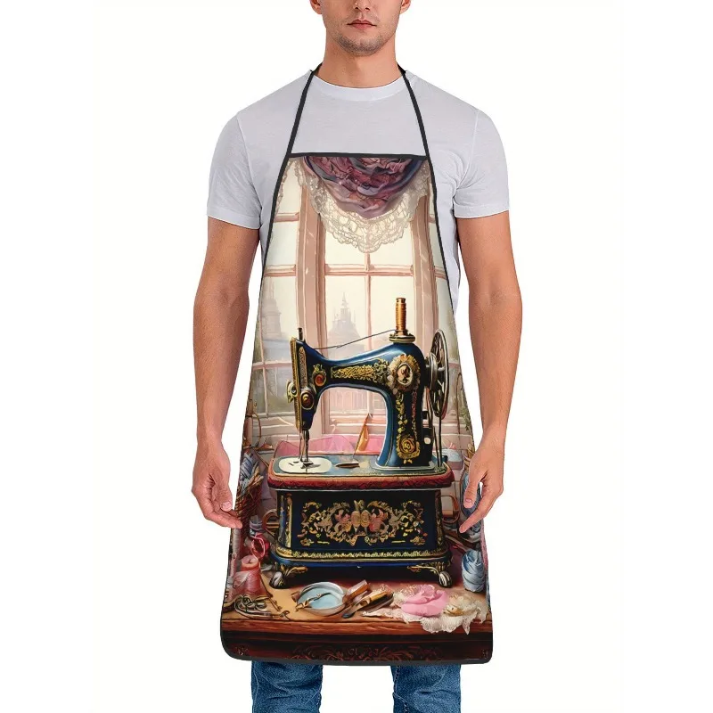 Vintage Old Sewing Machine Print Apron, Stylish and Durable, for Kitchen Cooking, Hand Sewing, Craft Lovers.