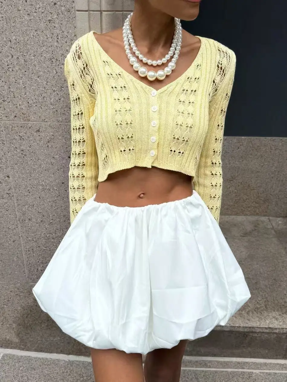 كم طويل الكروشيه رقيقة المحاصيل الأعلى للنساء زر حتى الجوف خارج سترة متماسكة سترة الربيع الصيف بوهو تريكو القمم وتتسابق #3