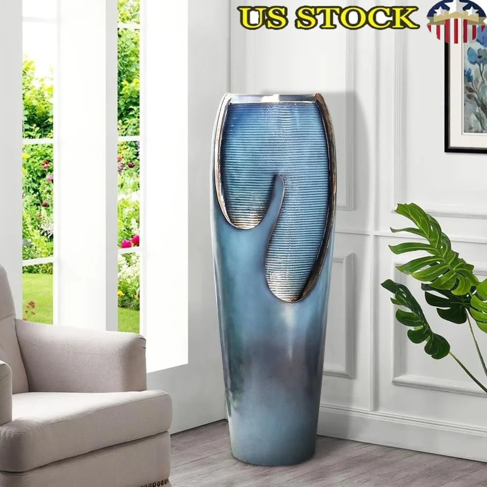 

38.7 Inch Tall Outdoor Indoor Water Fountain Modern Jar Design with LED Lights Adjustable Pump Home Garden Decor