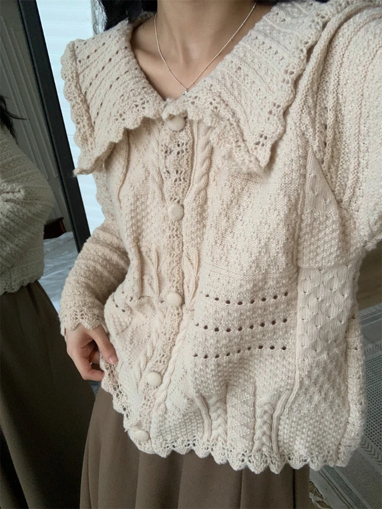 Cardigans Women Lazy Style Hollow Out Gentle Baggy Knitted Peter Pan Collar Outwear Sweet French Chic Soft New Кардиган Женский