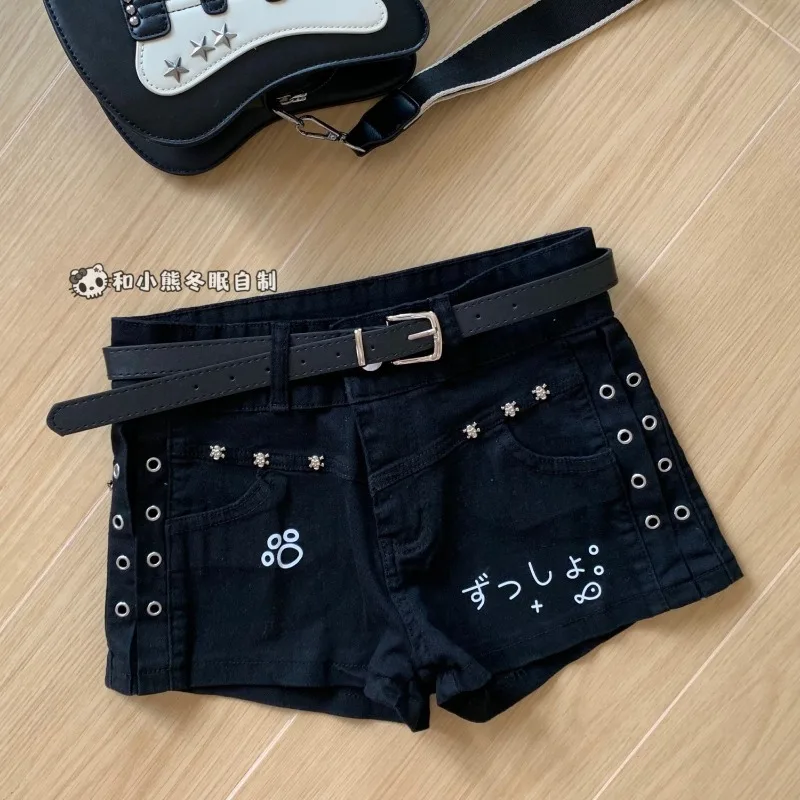 Japanese Sweet Cute Summer Shorts Letter Print Heavy Grunge Y2k Aesthetic Casual Short Pants White Belt Girl Popular Short Pant