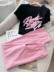 Fashion Sexy Short T-Shirt+Pink Wide Leg Pants Suit Women 2023 Summer Short-Sleeved Letters Casual Tracksuit 2 Piece Sets Outfit