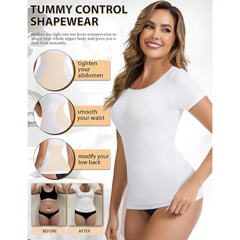 Dimmkof Stretchy Elastic Resistant Control Short Sleeve Shaper Top Tummy Control Square Tank Top Women Shapewear Square Tops