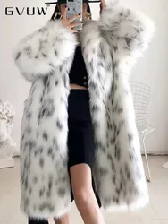 GVUW Faur Fur Coat Women V Neck Full Sleeve Print Warm Open Stitch Fashion New 2024 High Street Style Female Clothing 17G7970