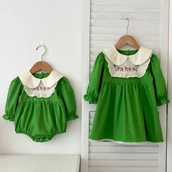 Baby Girl Clothes Sister Clothes Autumn Green Princess Dress Embroider Collar Girl One Piece Clothes Spring Sister Flower Dress