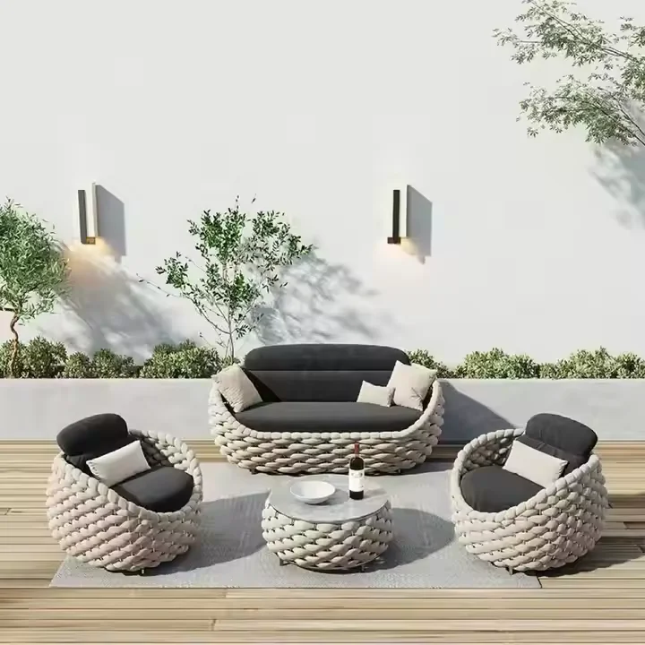 الحديثة في الهواء الطلق حديقة الترفيه حبل طقم أريكة فندق شرفة فناء المنسوجة يدويا مقاعد سبائك الألومنيوم