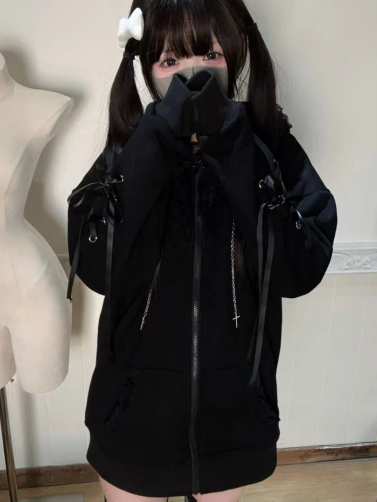 Felpa con cappuccio subcultura gotica vintage autunnale da donna manica lunga giapponese dolce pizzo nero cappotto con cappuccio moda casual cappotto allentato nuovo