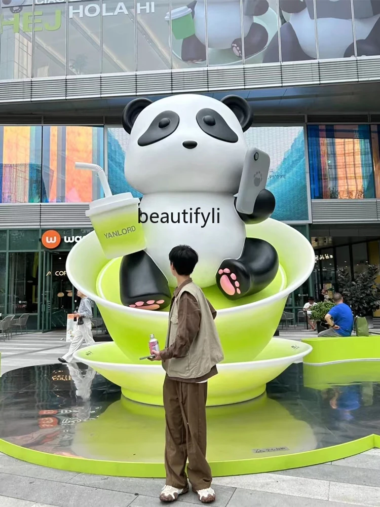 Panda Rolling GRP Sculpture Milk Tea Coffee Shop Lawn Courtyard Floor-Standing Decorations Big Decorations