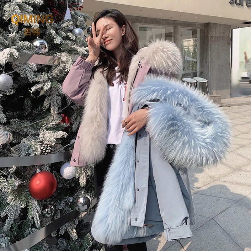 Parka Real Fur Coat Women Raccoon Fur Collar Lined Coat Fox Fur Coat Winter Ladies Rex Rabbit Hair Detachable Liner Short Coats