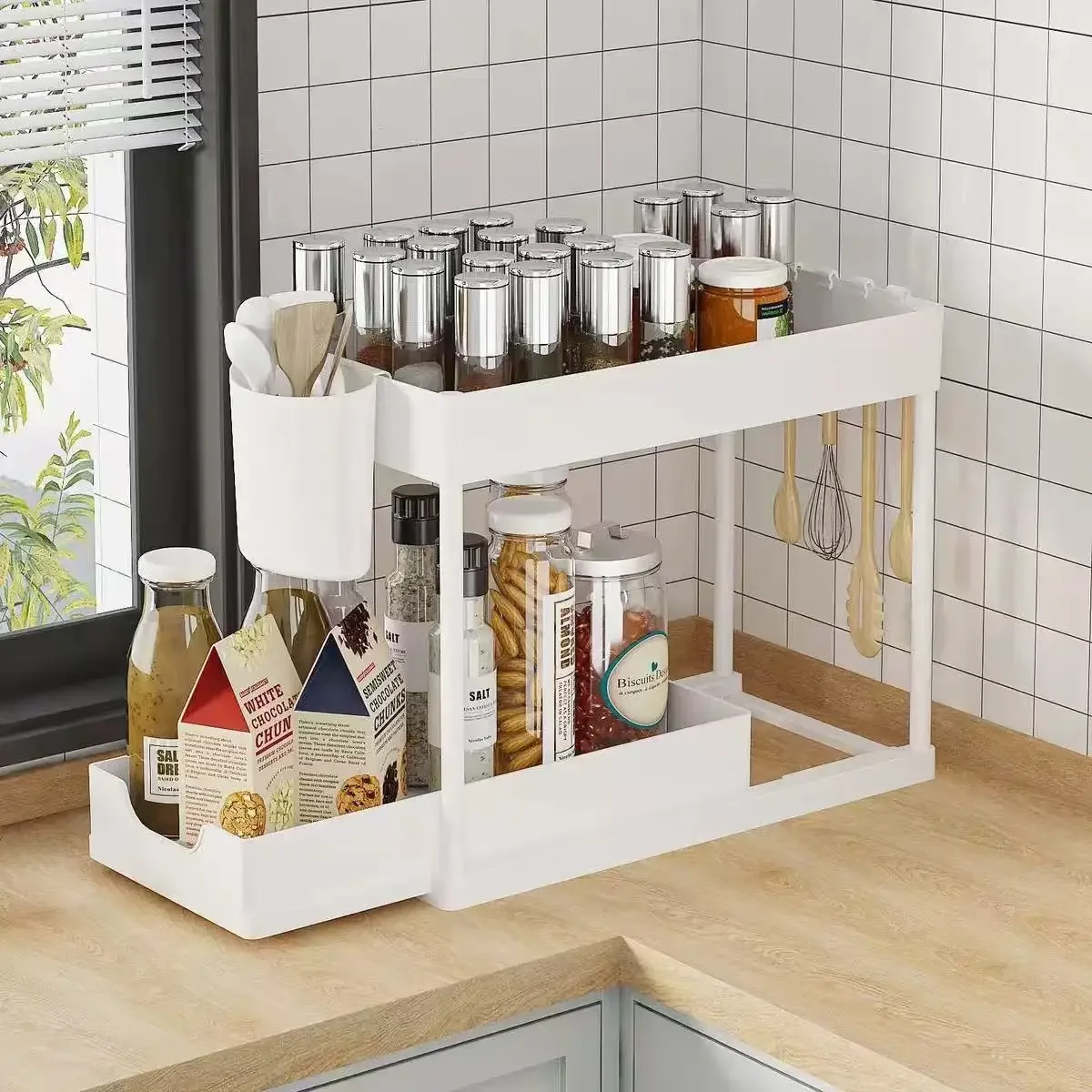 Kitchen Gadgets Cabinet - 2-Tier Sliding Under Sink Organizer Multifunctional