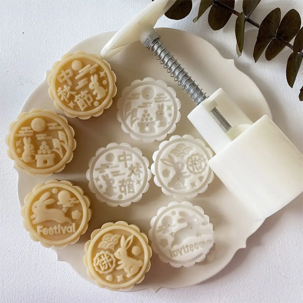 ABS 4pcs/set Cake Decoration Mung Bean Cake Easter Manual Pressure Kitchen Tools Rabbit Dance Shape Bakeware Moon Cake Mould