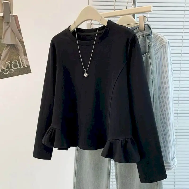 O-neck T-Shirts Women Oversized Casual Spring and Autumn Female Irregular Ruffle Tees Long Sleeve Korean Style Vintage Y2k Tops