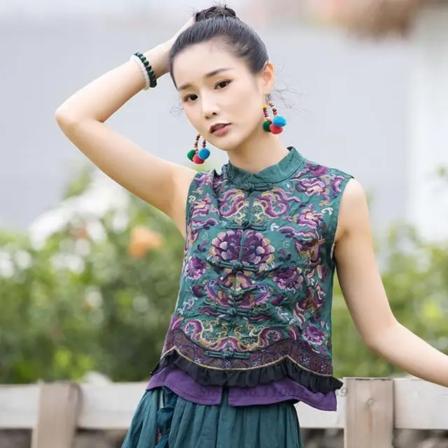 2024 traditional flower embroidery hanfu tops ethnic vest chinese traditional sleeveless jacket vintage cotton linen gilet